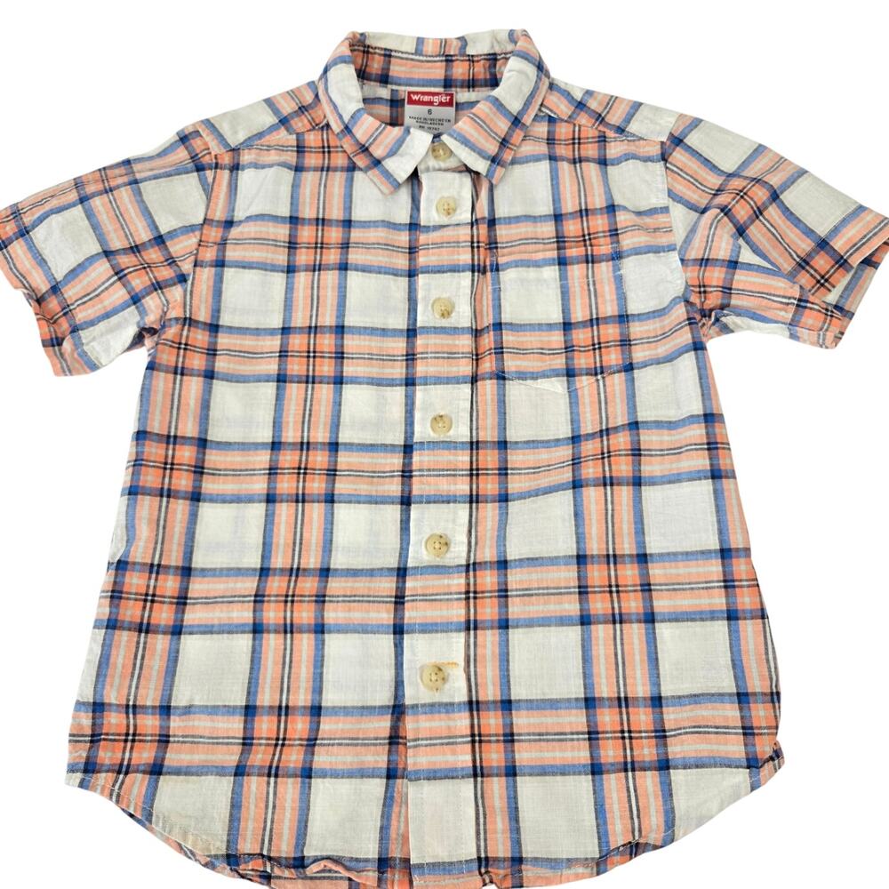 Wrangler Classic Cowboy Button Down Shirt Orange Blue White Check Pattern Size 6